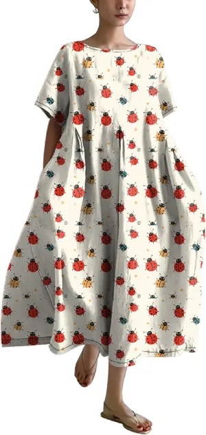 MARSVOVO Maxi Dresse for Women Short Sleeve Cute Funny Animal Theme Print Unique A-line Flowy Swing Casual Outdoor Dress