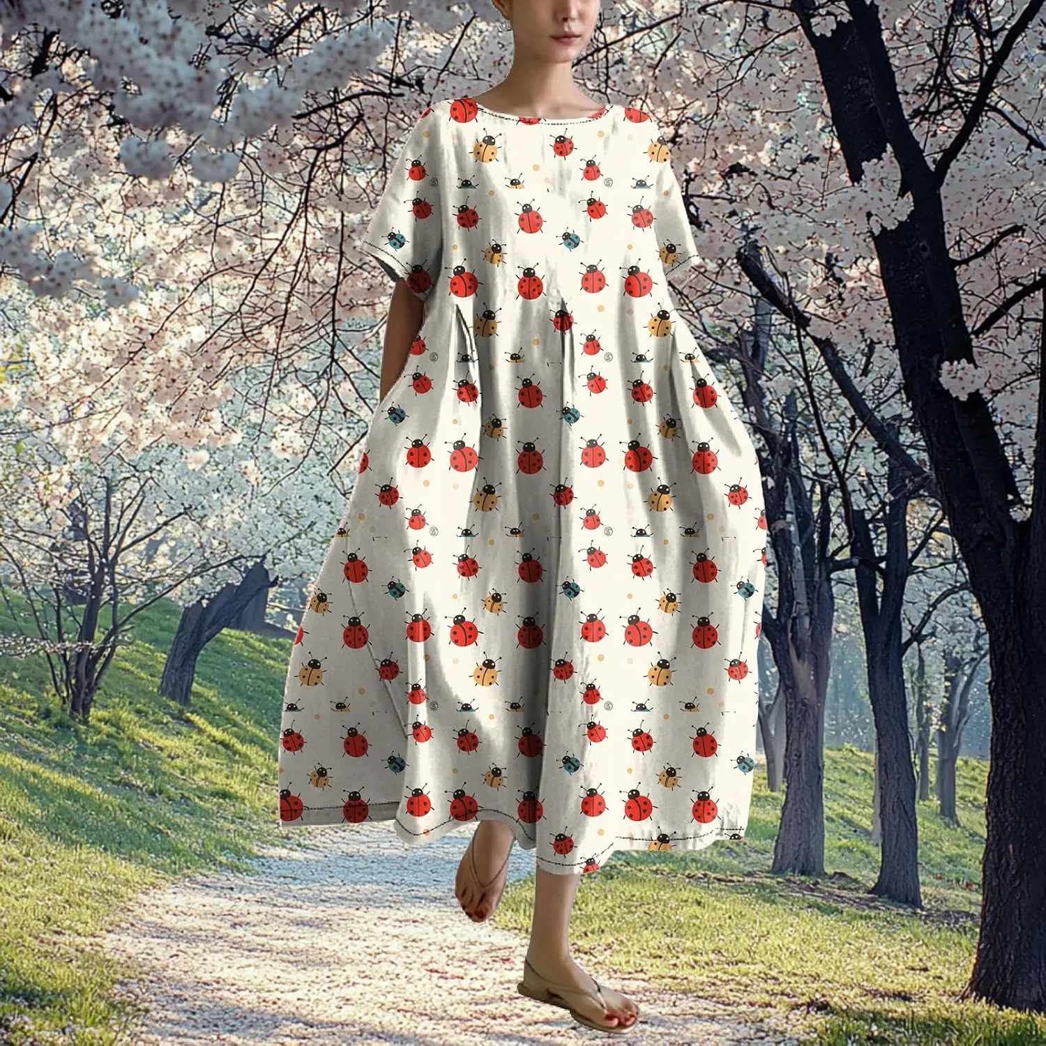 MARSVOVO Maxi Dresse for Women Short Sleeve Cute Funny Animal Theme Print Unique A-line Flowy Swing Casual Outdoor Dress