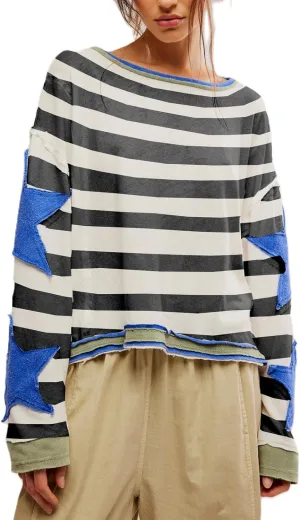 Meiweileya Y2k Oversized Sweatshirts for Womens Vintage Star Striped Graphic Print Hoodies Shirts Fall Crewneck Trendy Tops