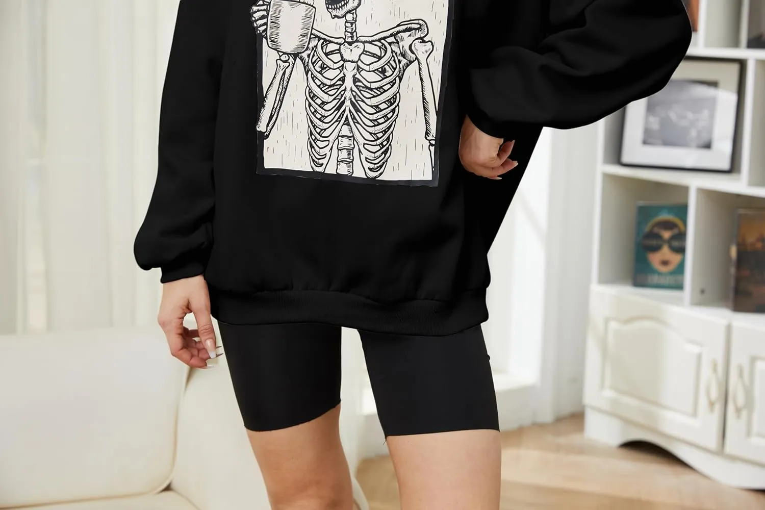 Meladyan Halloween Skull Graphic Print Fleece Oversized Sweatshirt Crewneck Long Sleeve Drop Shoulder Pullover