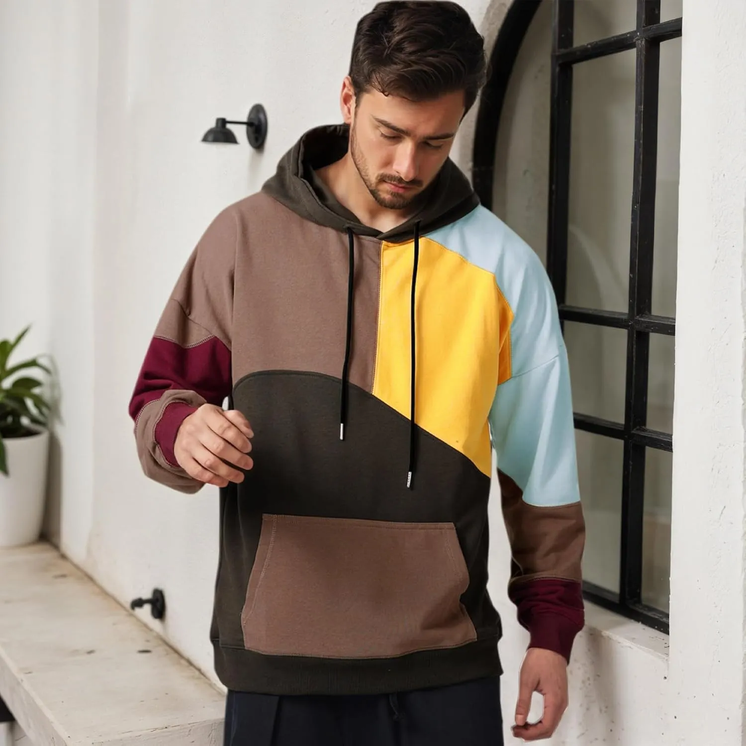 Men's Fashion Hoodies Techwear Color Block Long Sleeve Sweatshirts Unisex Lightweight Colourful Hoodie Pullover