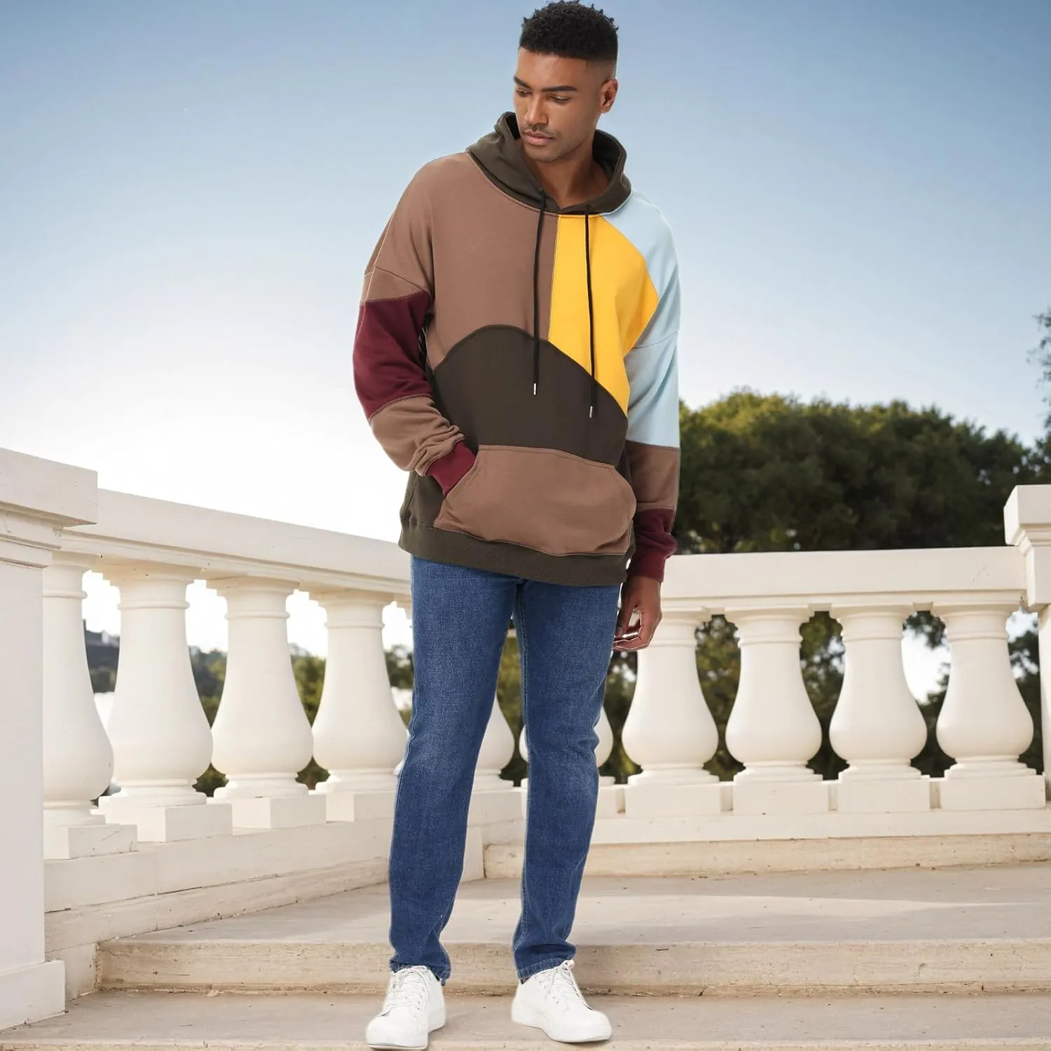 Men's Fashion Hoodies Techwear Color Block Long Sleeve Sweatshirts Unisex Lightweight Colourful Hoodie Pullover