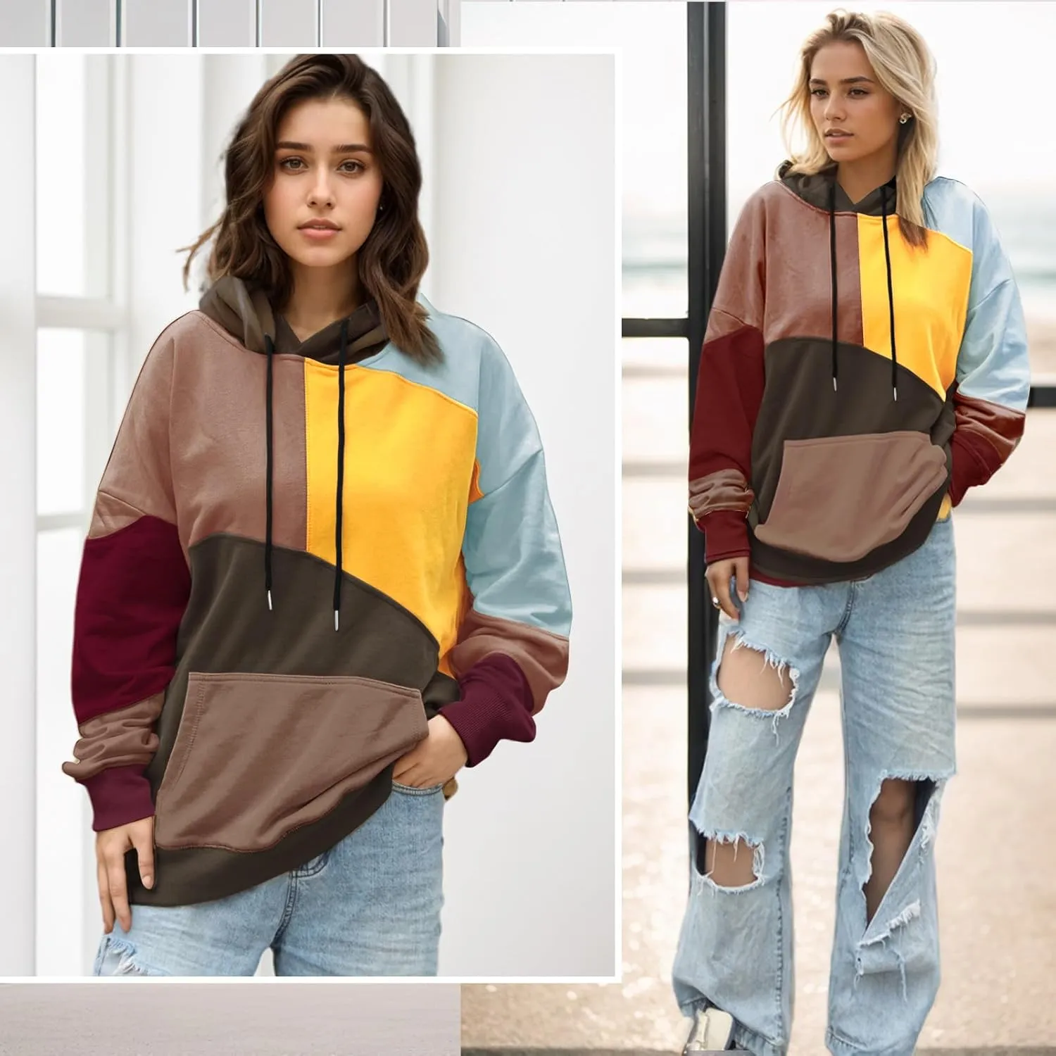 Men's Fashion Hoodies Techwear Color Block Long Sleeve Sweatshirts Unisex Lightweight Colourful Hoodie Pullover