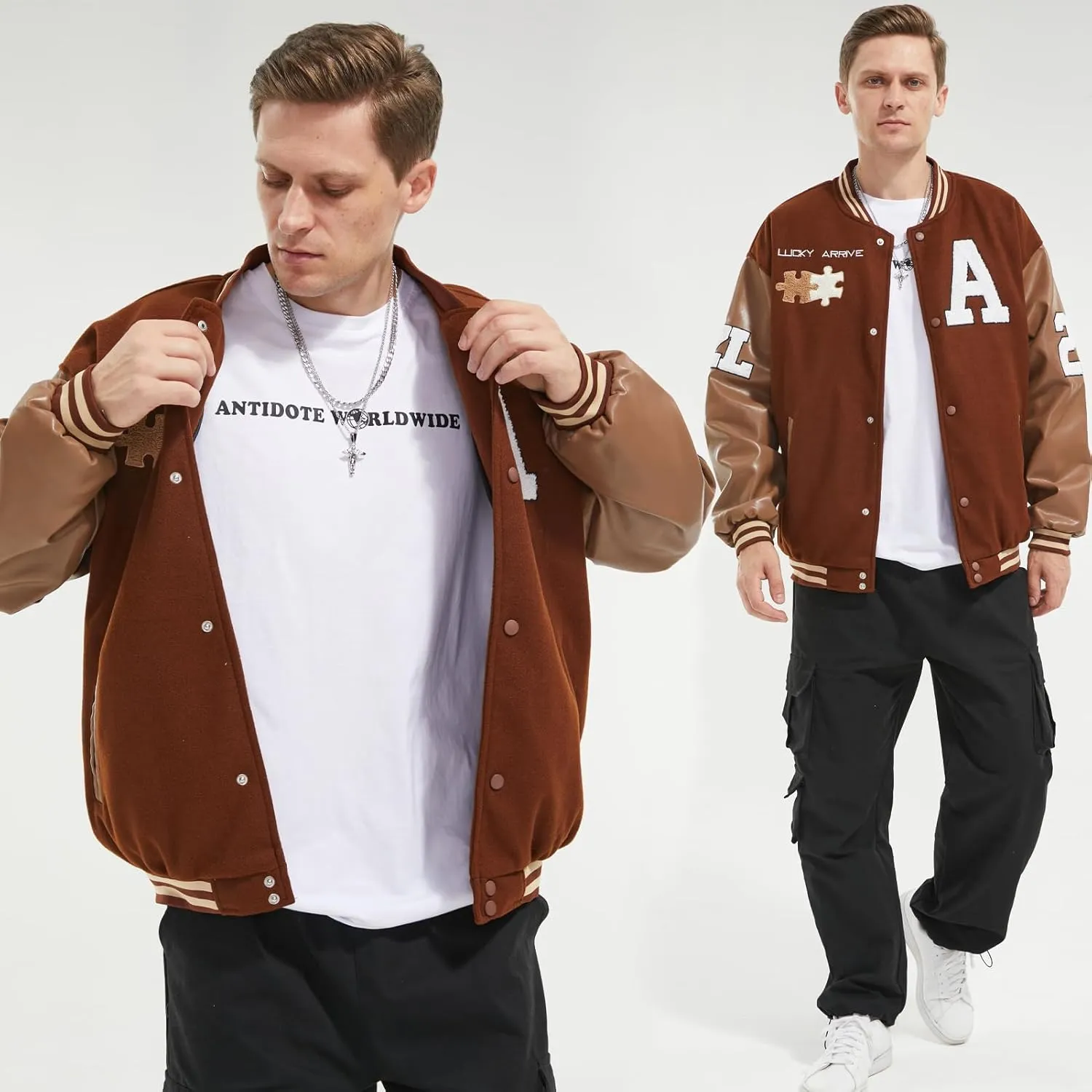 Mens Varsity Jacket Baseball Bomber Jacket Vintage Unisex Streetwear Coats with Patchwork Hipster Utility Tops