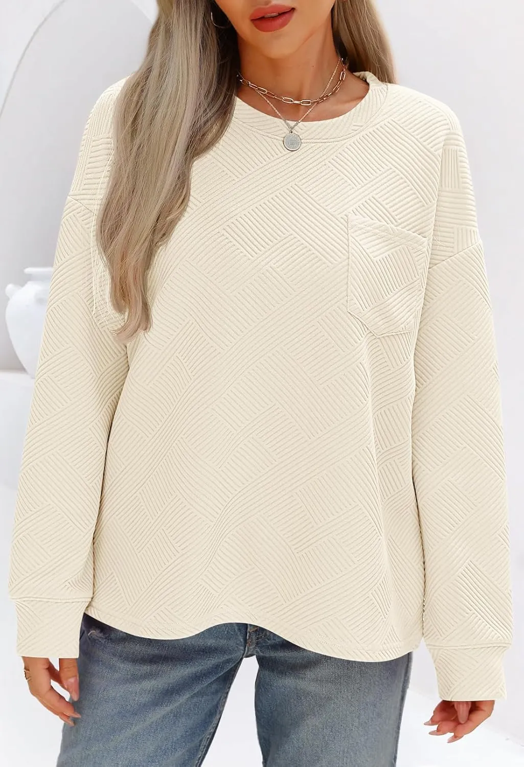 MEROKEETY Women's 2024 Fall Long Sleeve Oversized T Shirt Casual Crewneck Basic Textured Pullover Sweatshirt Tops