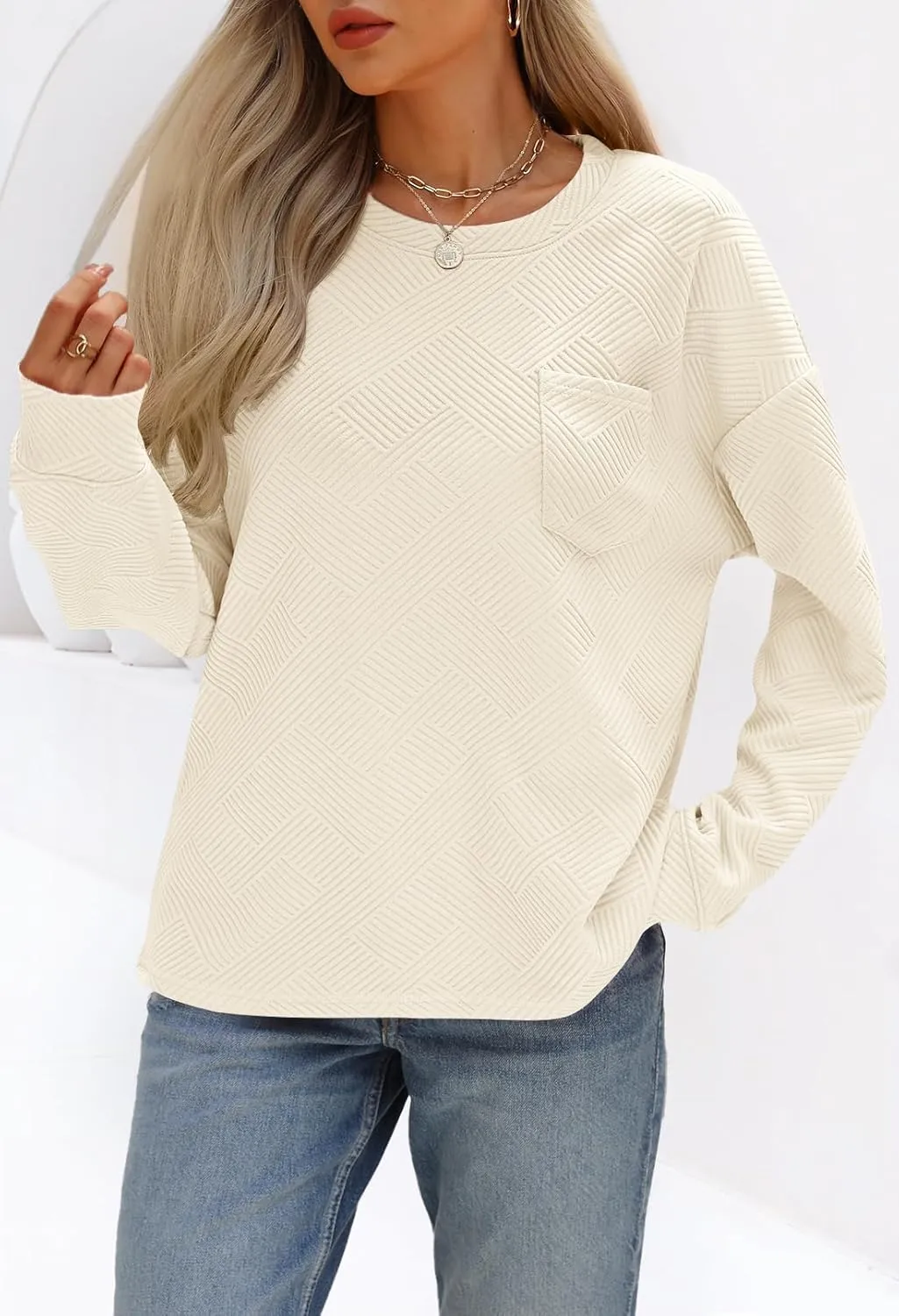 MEROKEETY Women's 2024 Fall Long Sleeve Oversized T Shirt Casual Crewneck Basic Textured Pullover Sweatshirt Tops