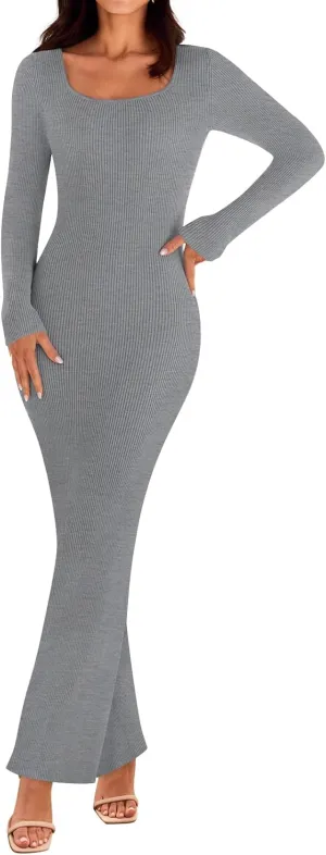 MEROKEETY Women's 2025 Fall Long Sleeve Square Neck Bodycon Maxi Dresses Ribbed Knit Long Sweater Dress