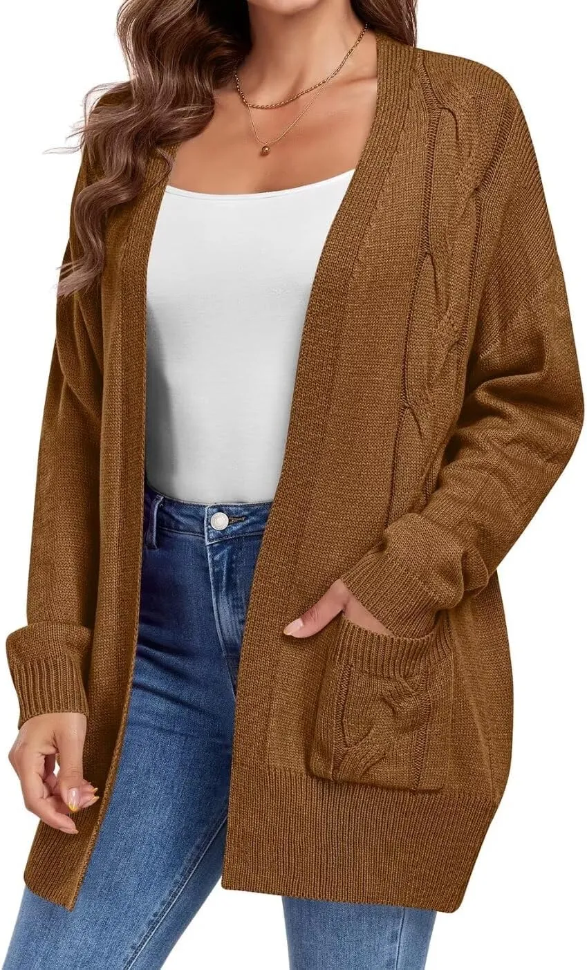 MONNURO Plus Size Cardigan Sweater for Women Long Sleeve Cable Knit Open Front Cardigan Outwear with Pockets