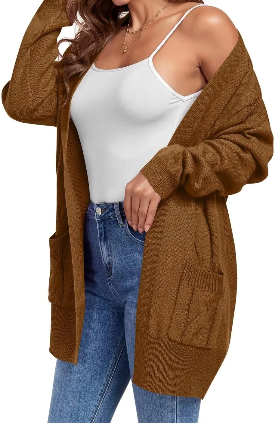MONNURO Plus Size Cardigan Sweater for Women Long Sleeve Cable Knit Open Front Cardigan Outwear with Pockets