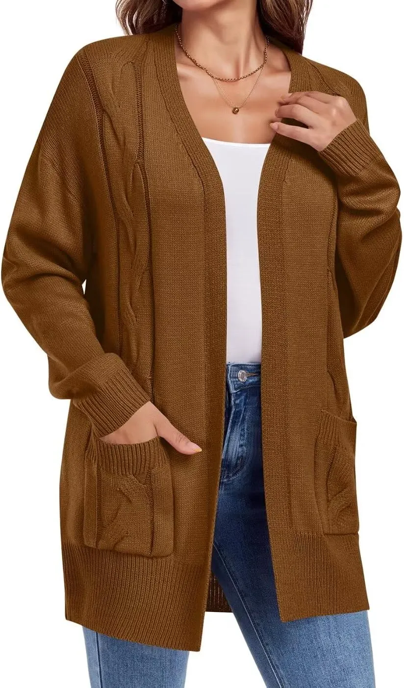 MONNURO Plus Size Cardigan Sweater for Women Long Sleeve Cable Knit Open Front Cardigan Outwear with Pockets