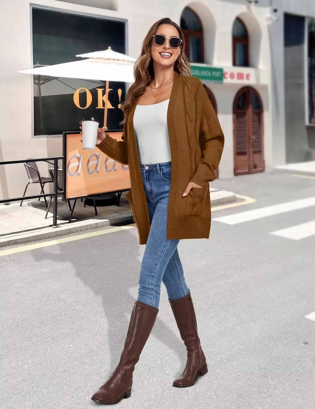 MONNURO Plus Size Cardigan Sweater for Women Long Sleeve Cable Knit Open Front Cardigan Outwear with Pockets