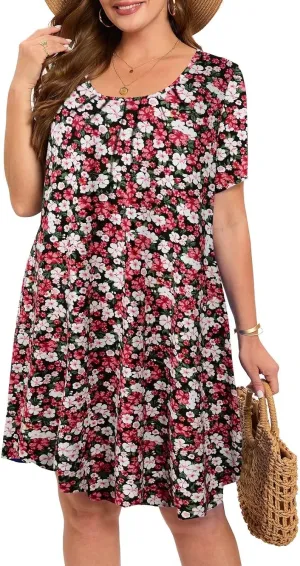 MONNURO Womens Plus Size Summer Dresses Casual Pleated Front Short Sleeve Swing Tunic Tshirt Dress with Pockets