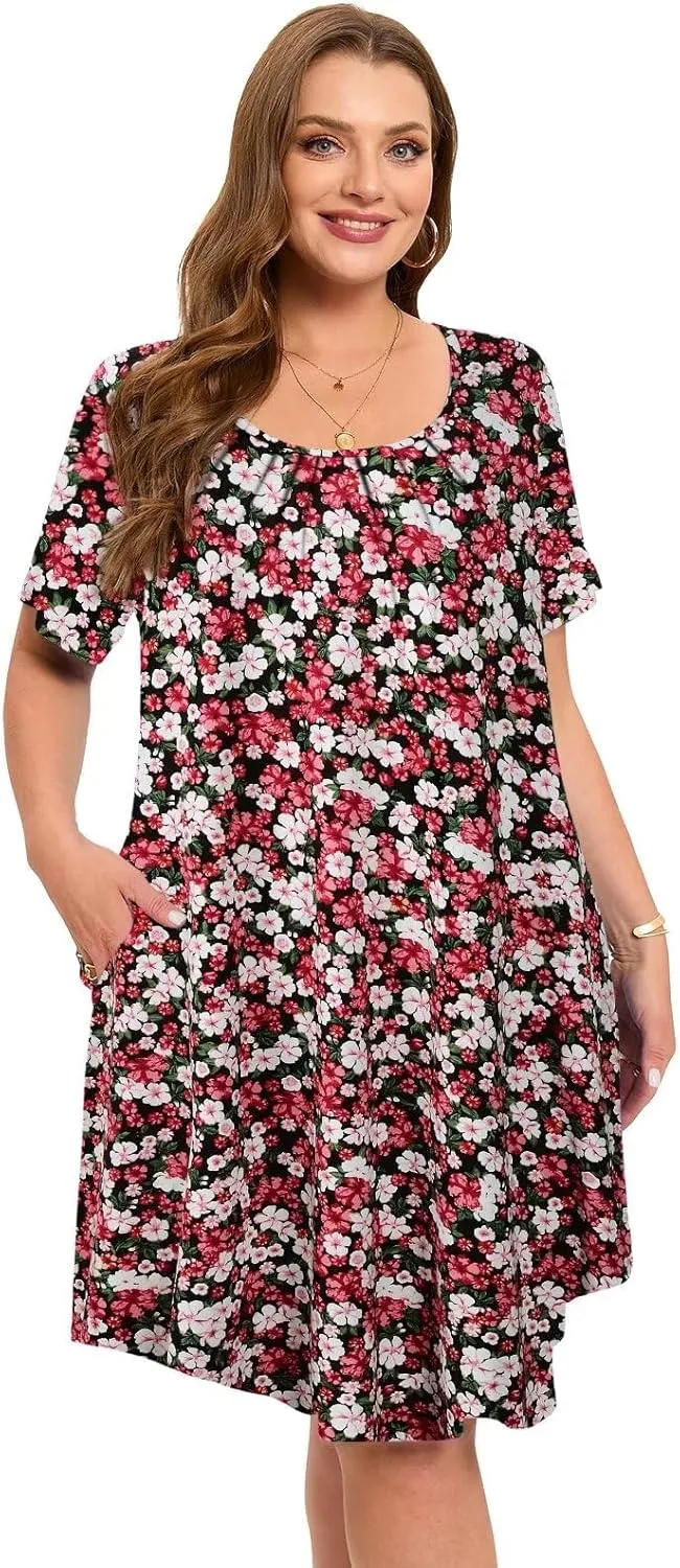 MONNURO Womens Plus Size Summer Dresses Casual Pleated Front Short Sleeve Swing Tunic Tshirt Dress with Pockets