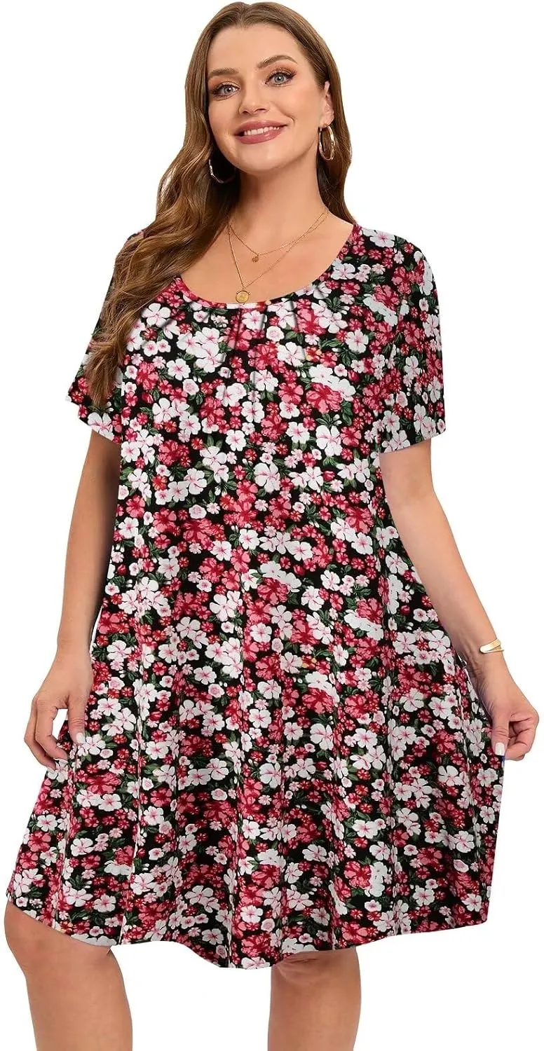 MONNURO Womens Plus Size Summer Dresses Casual Pleated Front Short Sleeve Swing Tunic Tshirt Dress with Pockets