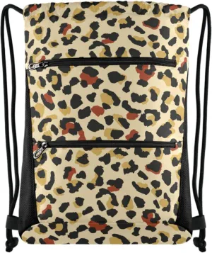 Naanle Nannle Large Sackpack, Golden Leopard Pattern Drawstring Backpack String Storage Bag with Two Zipper Pockets for Travel Pool Sport Gym Swimming Beach Camping, TTg353745397p474c509s1019