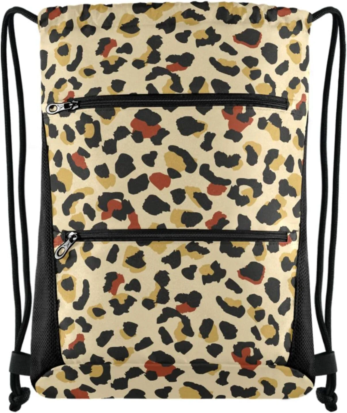 Naanle Nannle Large Sackpack, Golden Leopard Pattern Drawstring Backpack String Storage Bag with Two Zipper Pockets for Travel Pool Sport Gym Swimming Beach Camping, TTg353745397p474c509s1019