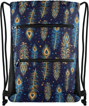 Naanle Nannle Large Sackpack, Turquoise Golden Peacock Feathers Drawstring Backpack String Storage Bag with Two Zipper Pockets for Travel Pool Sport Gym Swimming Beach Camping