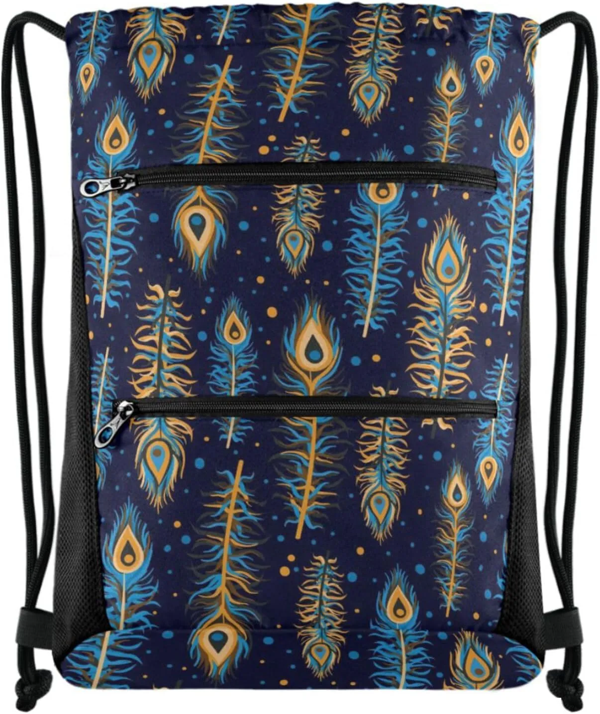 Naanle Nannle Large Sackpack, Turquoise Golden Peacock Feathers Drawstring Backpack String Storage Bag with Two Zipper Pockets for Travel Pool Sport Gym Swimming Beach Camping