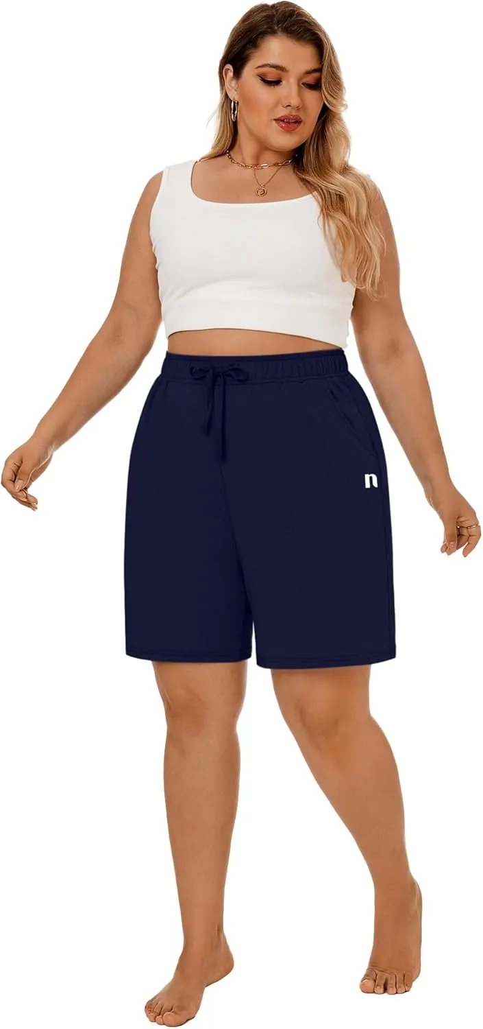 Neer 3 Pack Plus Size Women's Bermuda Shorts Cotton Drawstring High Waisted Casual Athletic Sweatpants Shorts with Pockets