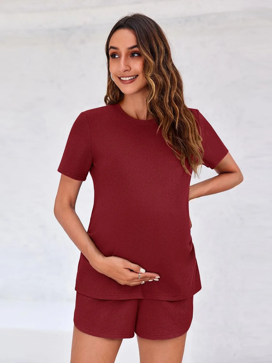 Onedreamer Womens Maternity Pajamas Sets 2 Piece Outfits Short Sleeve Shirts and Shorts Pregnancy Lounge Sets Mama Clothes