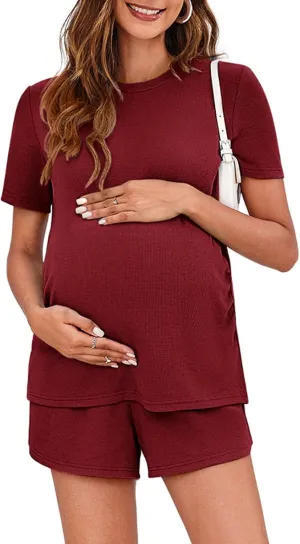 Onedreamer Womens Maternity Pajamas Sets 2 Piece Outfits Short Sleeve Shirts and Shorts Pregnancy Lounge Sets Mama Clothes