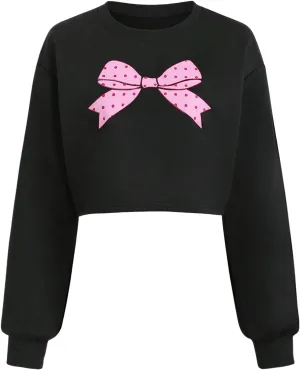 OYOANGLE Women's Bow Print Long Sleeve Cropped Sweatshirts Y2K Crew Neck Preppy Pullover Tops