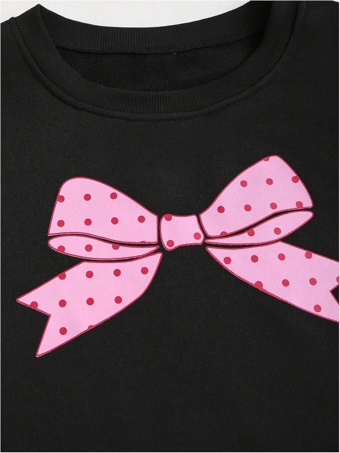 OYOANGLE Women's Bow Print Long Sleeve Cropped Sweatshirts Y2K Crew Neck Preppy Pullover Tops