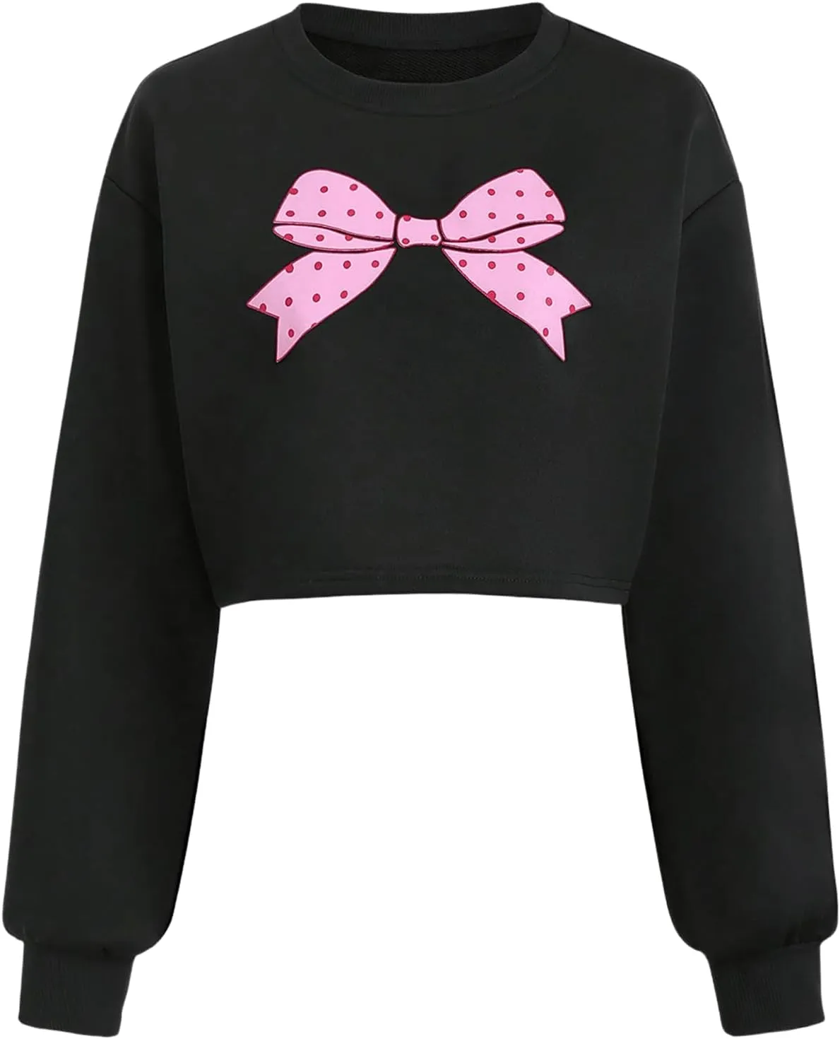 OYOANGLE Women's Bow Print Long Sleeve Cropped Sweatshirts Y2K Crew Neck Preppy Pullover Tops