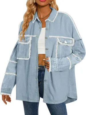 Paintcolors Women's Button Down Denim Shirt Oversized Long Sleeve Casual Frayed Pocket Work Blouses Chambray Tops Jacket