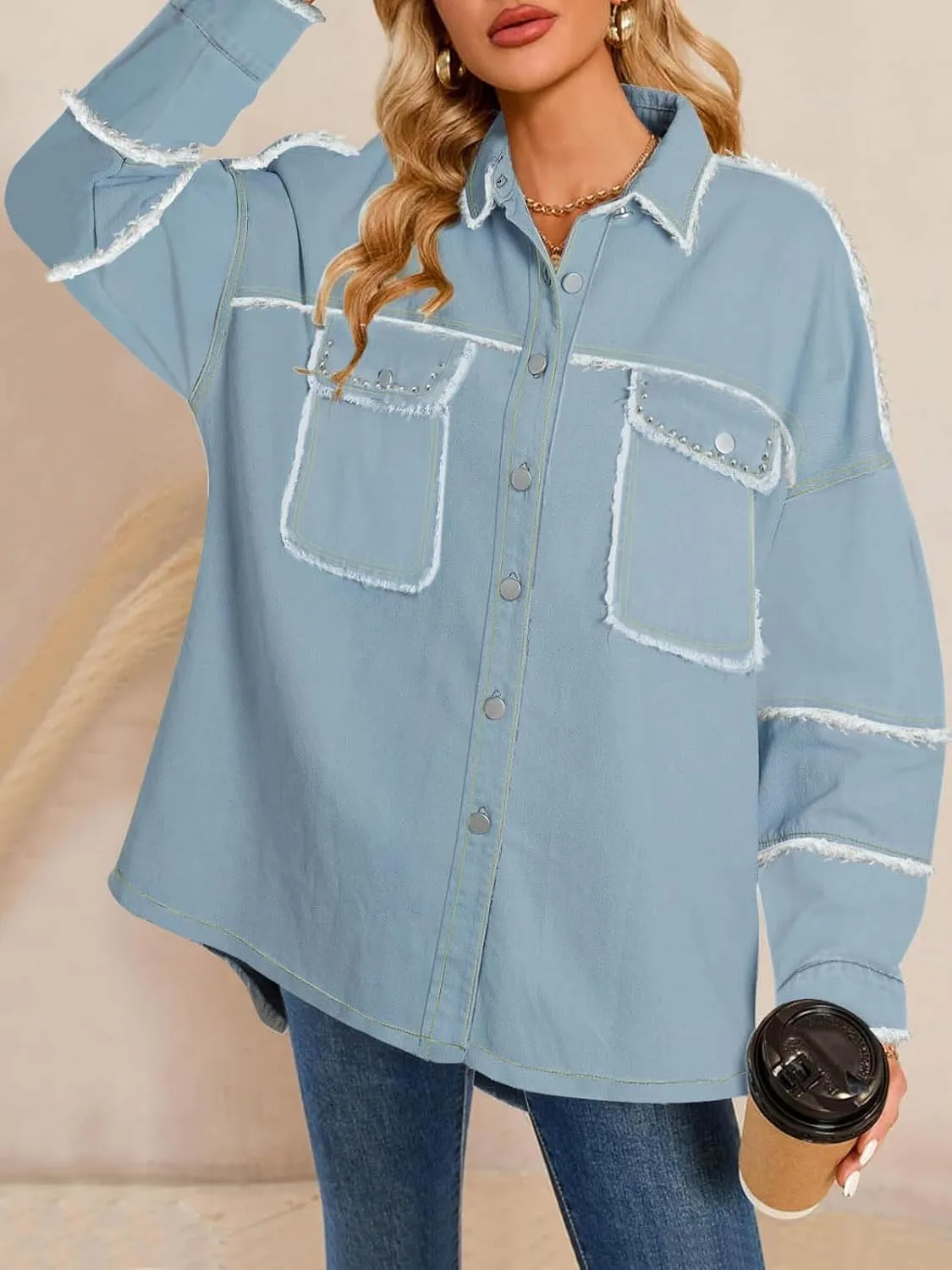 Paintcolors Women's Button Down Denim Shirt Oversized Long Sleeve Casual Frayed Pocket Work Blouses Chambray Tops Jacket