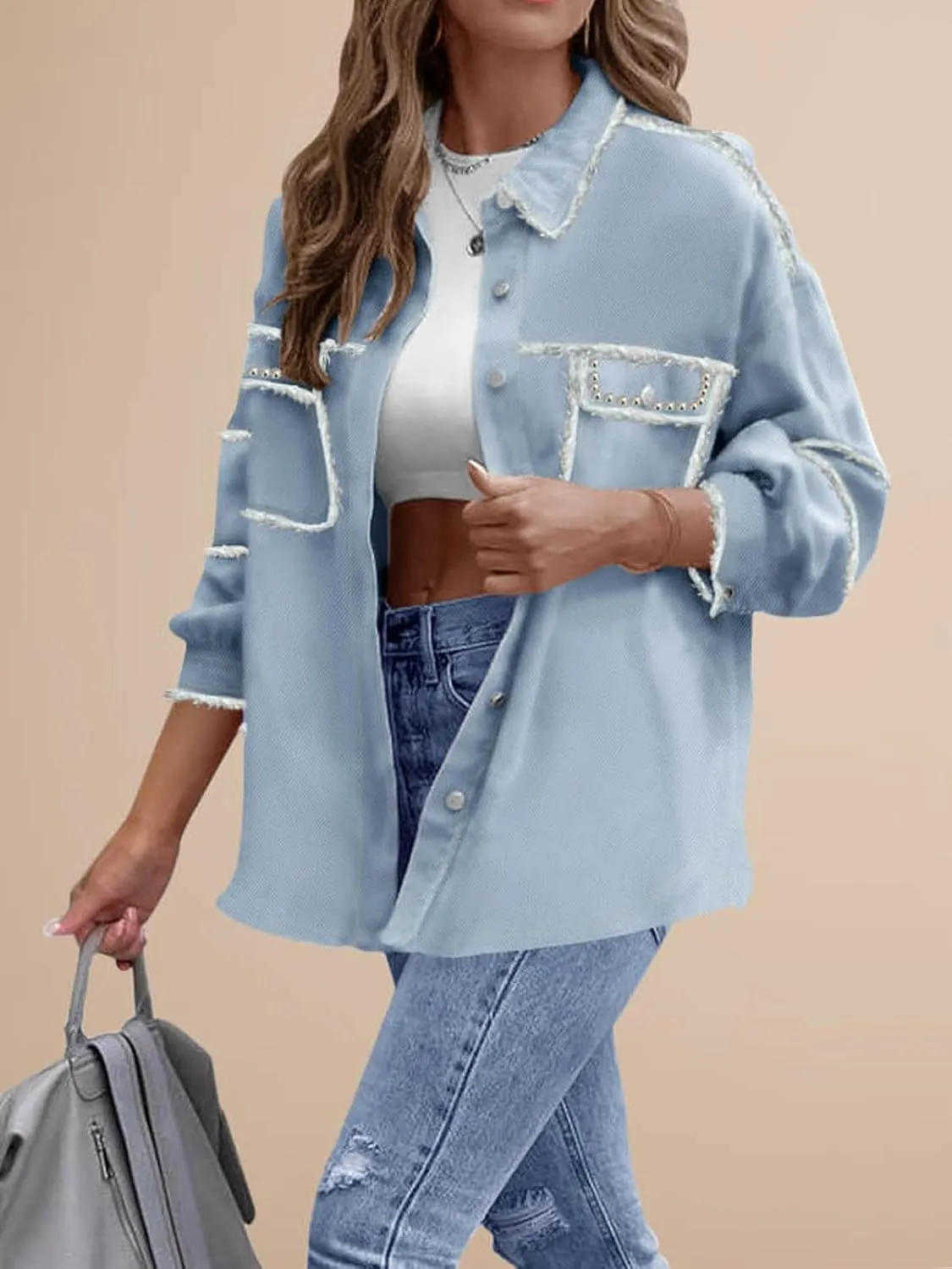 Paintcolors Women's Button Down Denim Shirt Oversized Long Sleeve Casual Frayed Pocket Work Blouses Chambray Tops Jacket