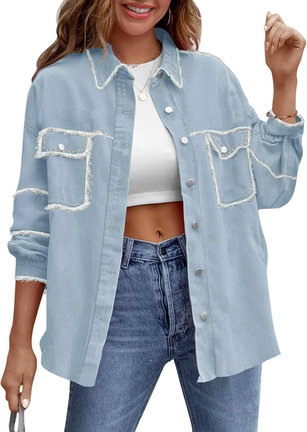 Paintcolors Women's Button Down Denim Shirt Oversized Long Sleeve Casual Frayed Pocket Work Blouses Chambray Tops Jacket