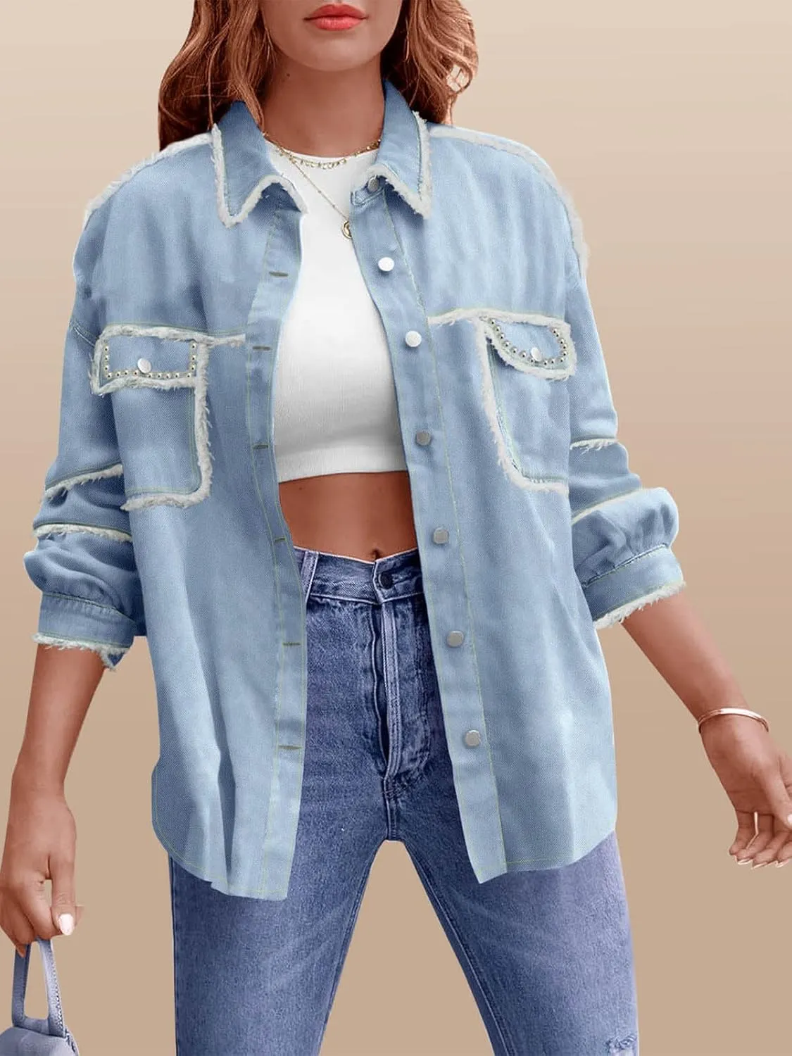 Paintcolors Women's Button Down Denim Shirt Oversized Long Sleeve Casual Frayed Pocket Work Blouses Chambray Tops Jacket