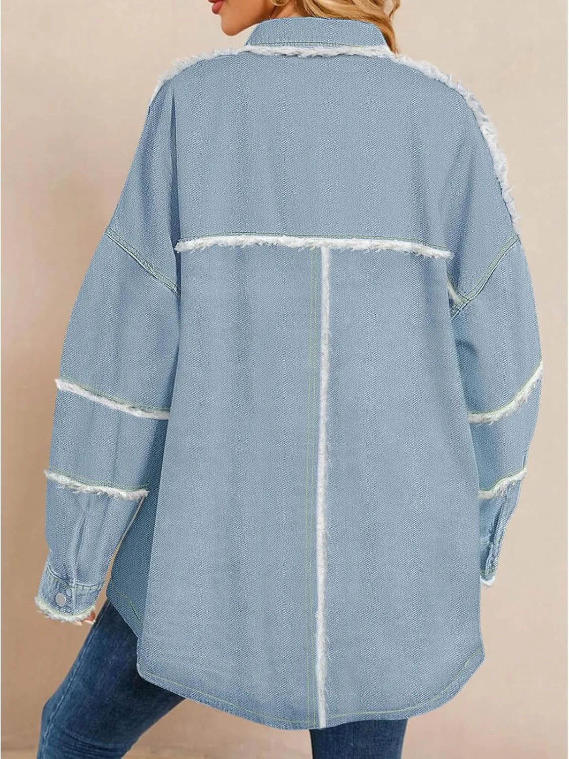 Paintcolors Women's Button Down Denim Shirt Oversized Long Sleeve Casual Frayed Pocket Work Blouses Chambray Tops Jacket