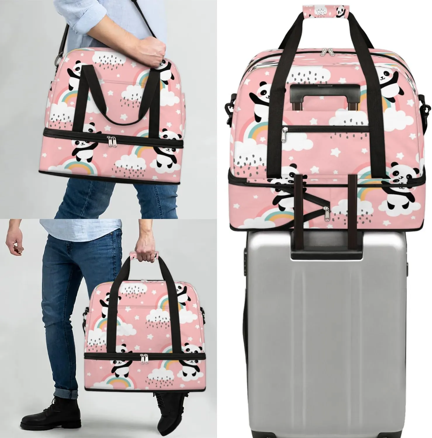 Panda Cloud Star Sports Gym Bag with Shoes Compartment Foldable Travel Duffel Bag Dry Wet Separated Sports Tote Workout Weekender Overnight Bag for Women Yoga Dance Work Training Handbag