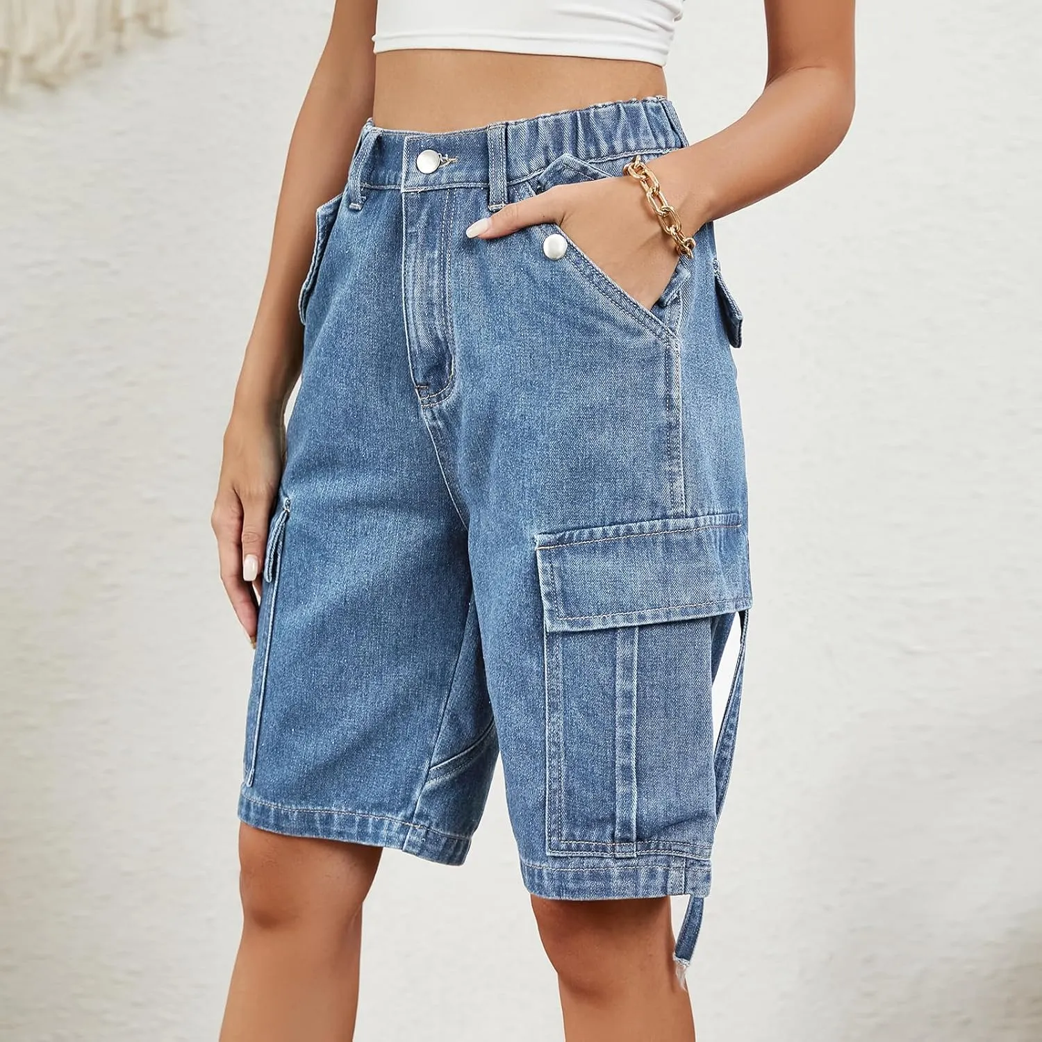 POHADON Womens 2025 Trendy High Waisted Denim Shorts Bermuda Baggy Y2K Cargo Shorts Casual Summer Jean Jorts