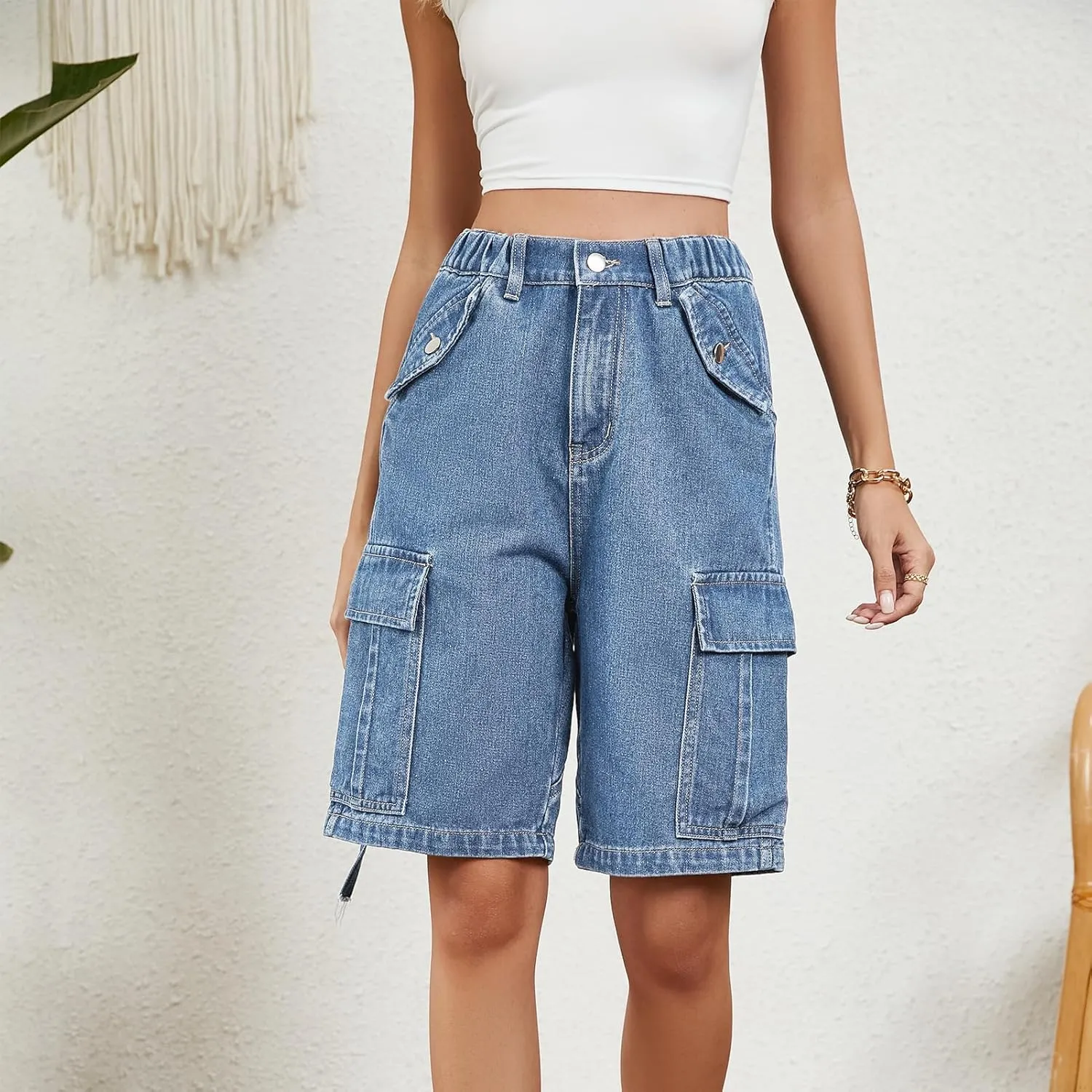 POHADON Womens 2025 Trendy High Waisted Denim Shorts Bermuda Baggy Y2K Cargo Shorts Casual Summer Jean Jorts