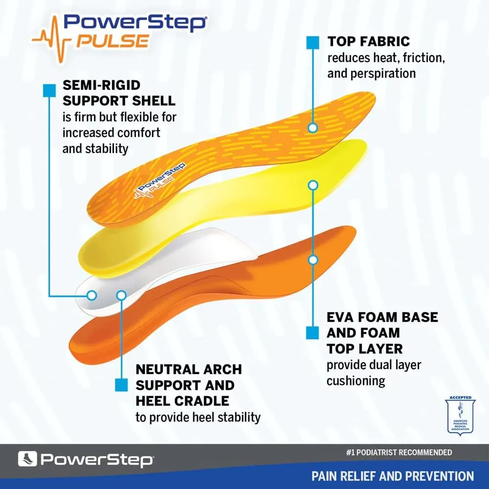 PowerStep Insoles, Pulse Performance, Running Shoe Pain Relief Insert, Athletic Arch Support Orthotic for Women and Men - Made in The USA (M 11-11.5)
