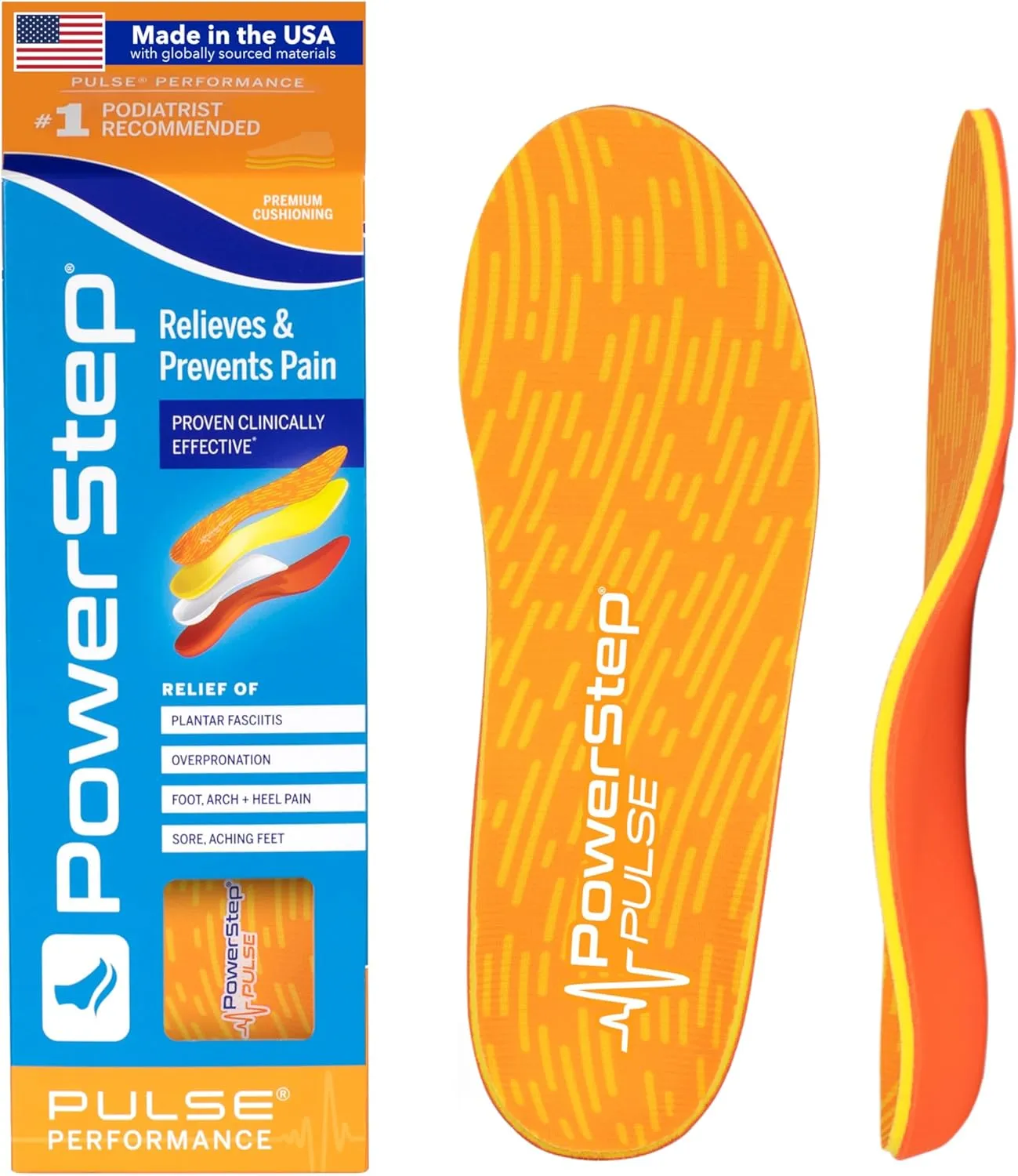 PowerStep Insoles, Pulse Performance, Running Shoe Pain Relief Insert, Athletic Arch Support Orthotic for Women and Men - Made in The USA (M 11-11.5)