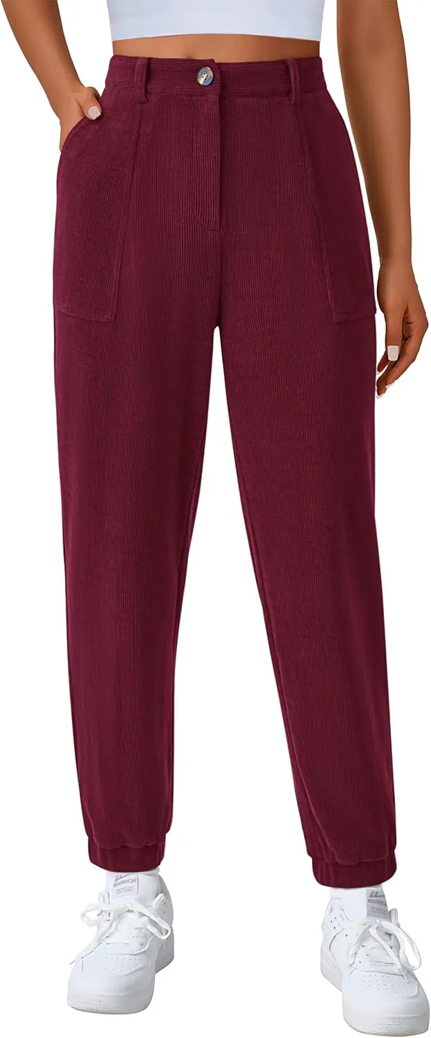 PRETTYGARDEN Women's Dressy Casual Pants Elastic High Waisted Work Office Corduroy Trouser Slacks with Pockets