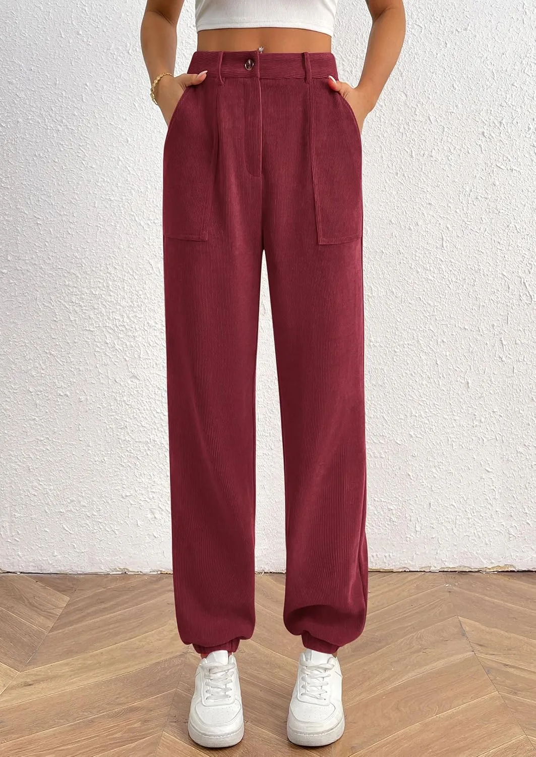PRETTYGARDEN Women's Dressy Casual Pants Elastic High Waisted Work Office Corduroy Trouser Slacks with Pockets