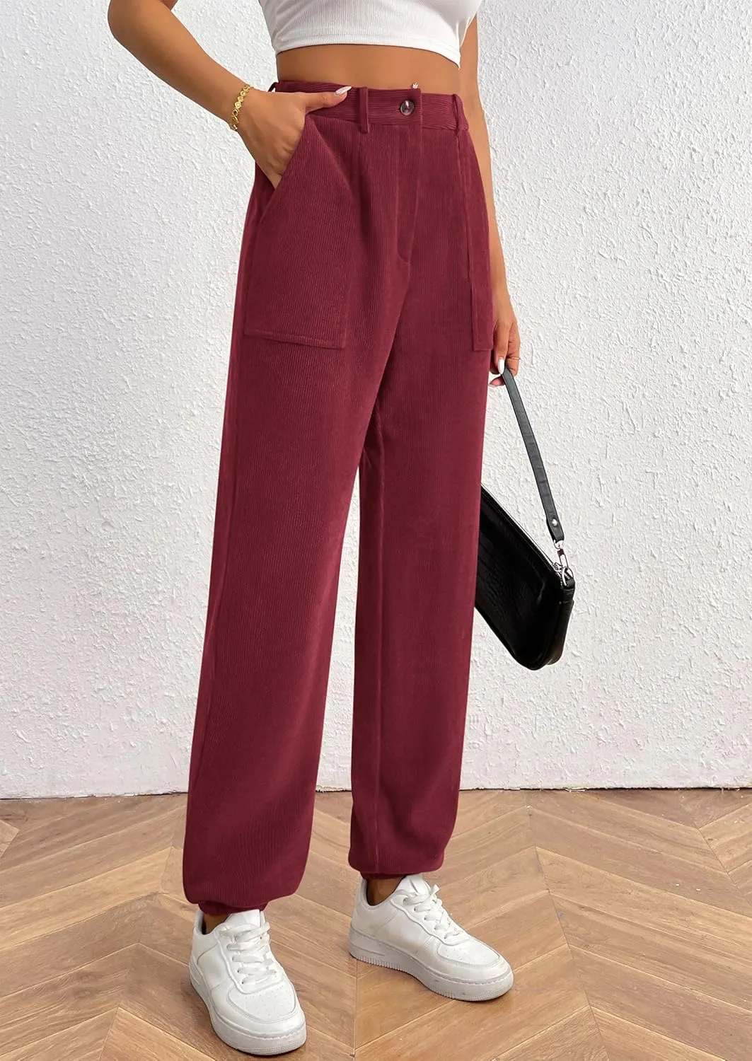 PRETTYGARDEN Women's Dressy Casual Pants Elastic High Waisted Work Office Corduroy Trouser Slacks with Pockets