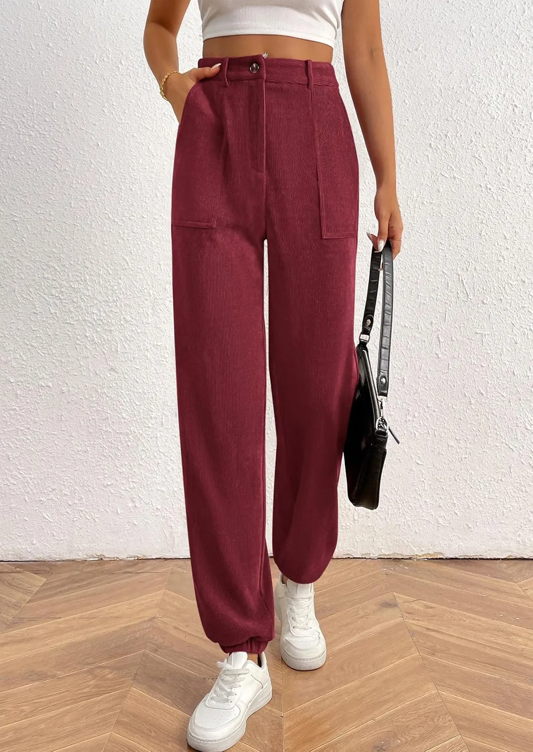 PRETTYGARDEN Women's Dressy Casual Pants Elastic High Waisted Work Office Corduroy Trouser Slacks with Pockets