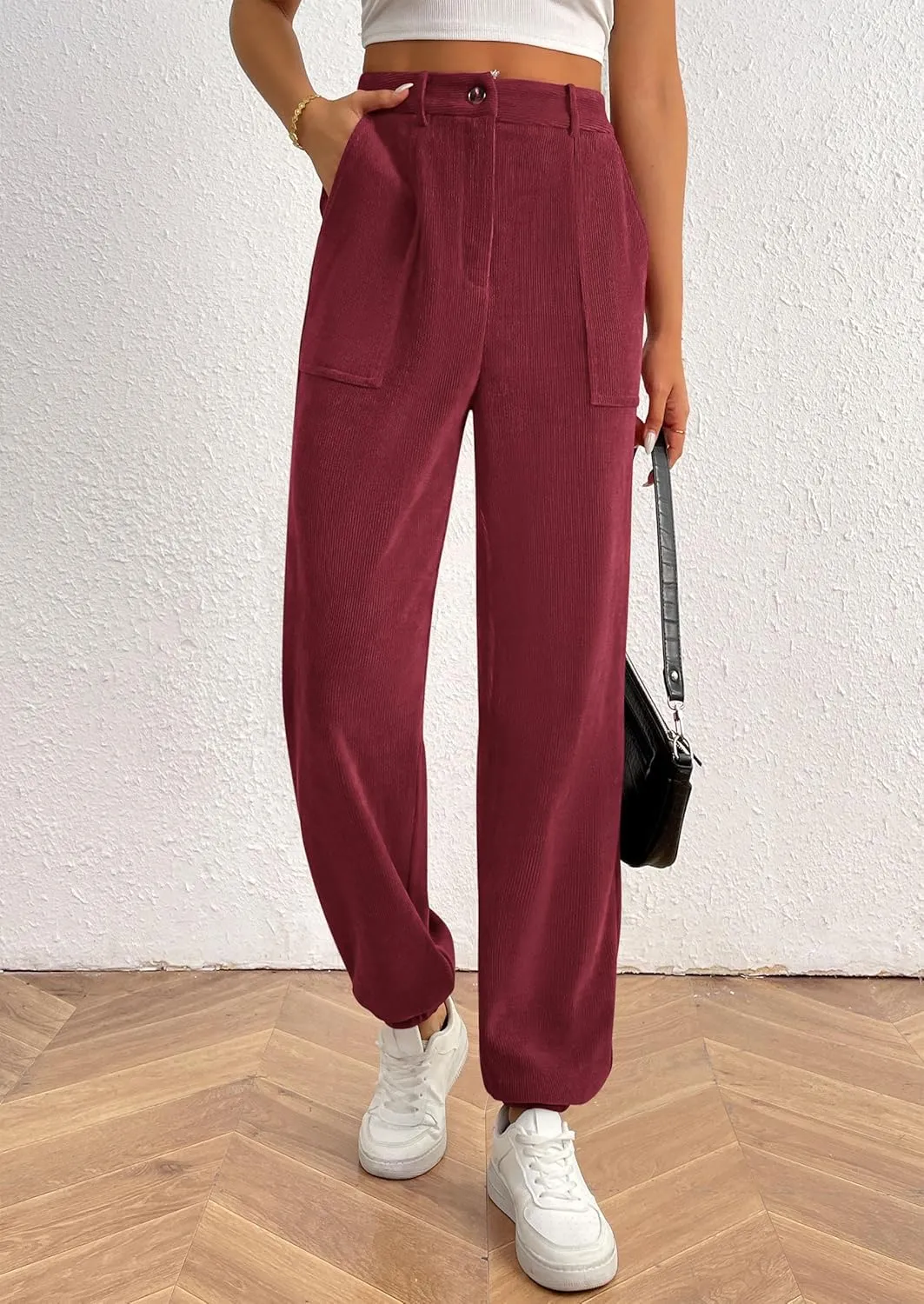 PRETTYGARDEN Women's Dressy Casual Pants Elastic High Waisted Work Office Corduroy Trouser Slacks with Pockets