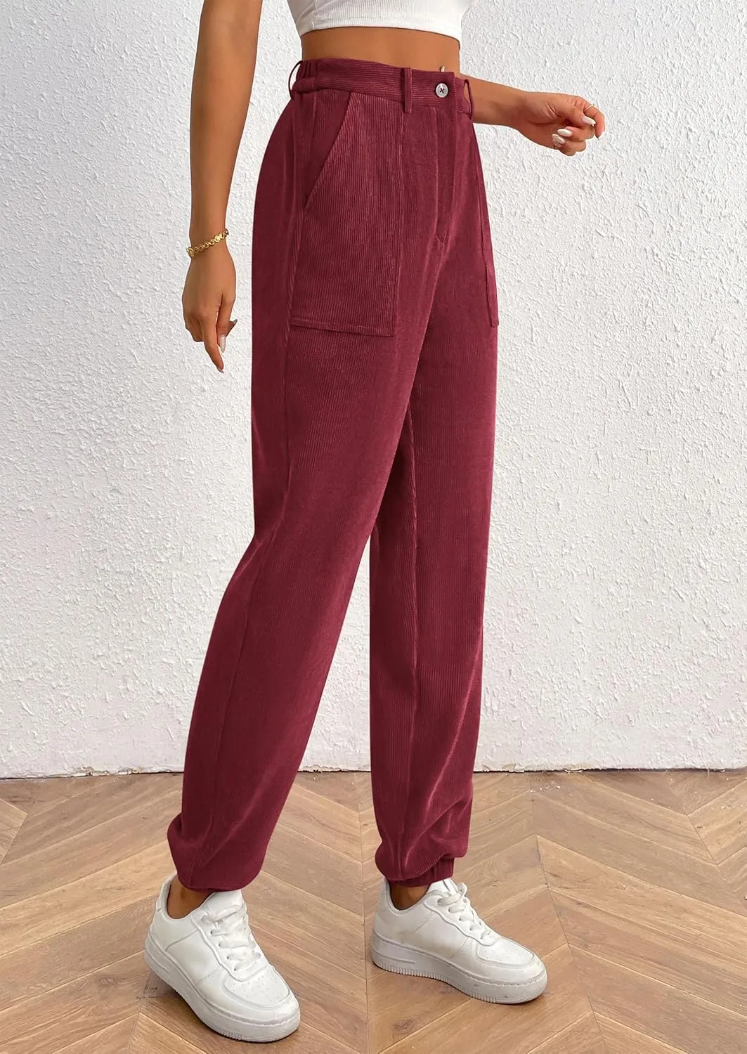 PRETTYGARDEN Women's Dressy Casual Pants Elastic High Waisted Work Office Corduroy Trouser Slacks with Pockets