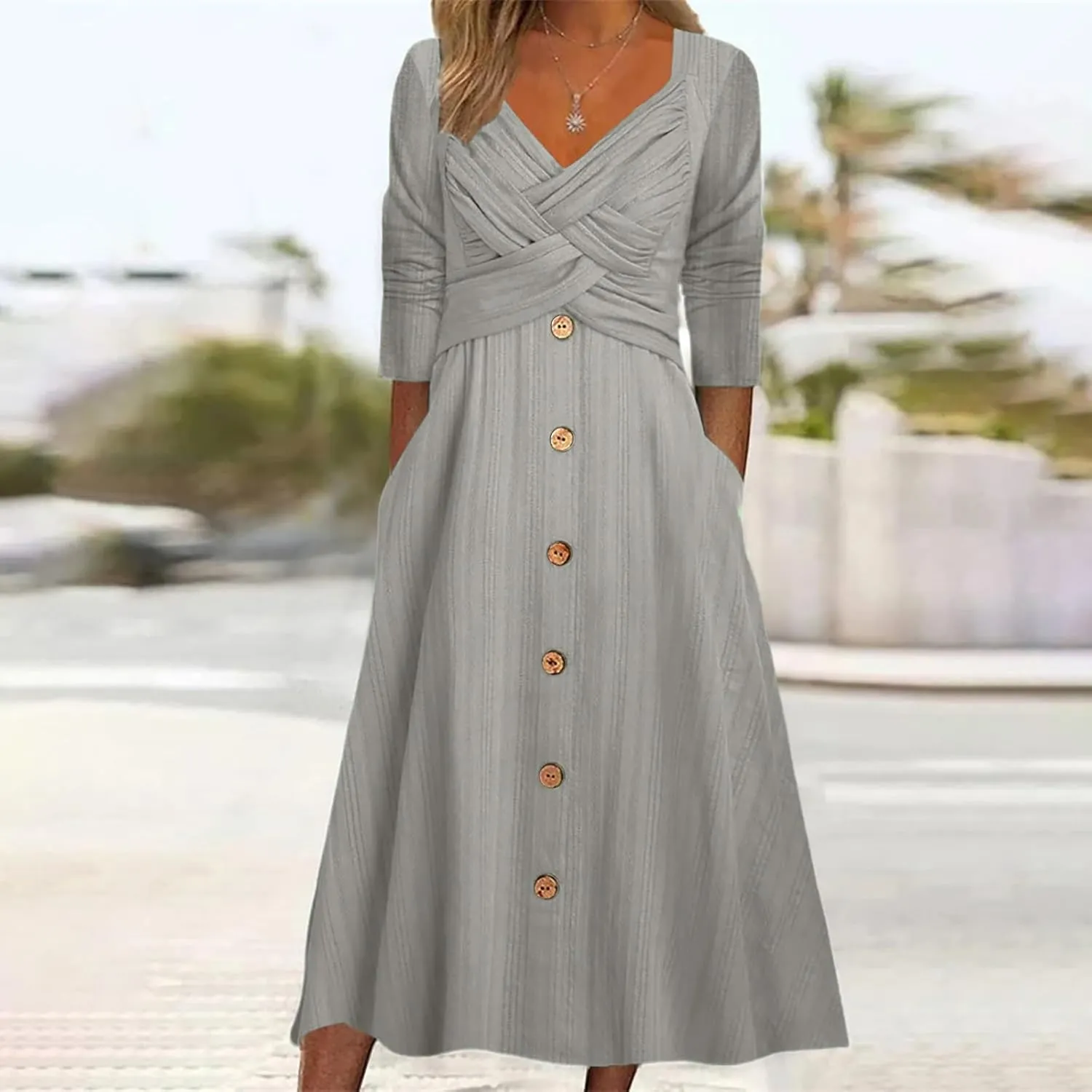 PTOLOCIF Women's Summer Maxi Dress 2025 Half Sleeve Wedding Guest Dresses Twist V Neck Button Decor Long Dresses with Pockets