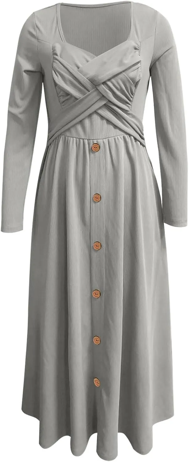 PTOLOCIF Women's Summer Maxi Dress 2025 Half Sleeve Wedding Guest Dresses Twist V Neck Button Decor Long Dresses with Pockets