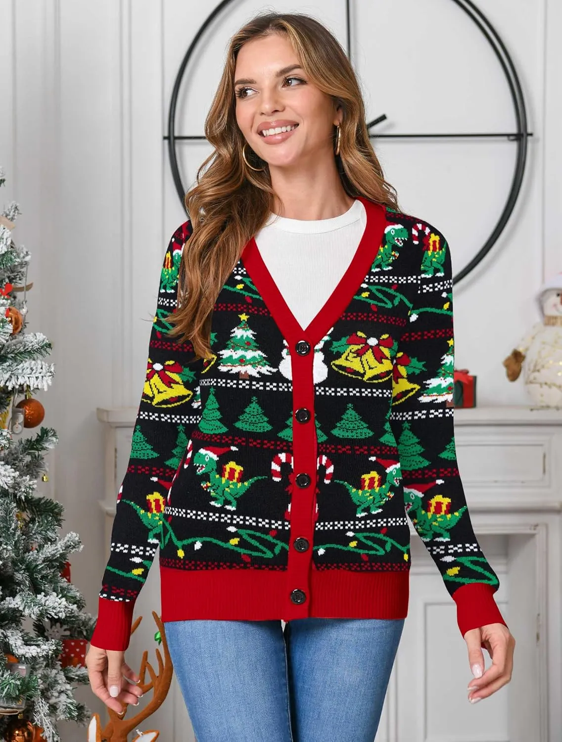 RAISEVERN Ugly Christmas Cardigan Sweater Women Oversized Knit Open Front Tops