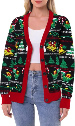 RAISEVERN Ugly Christmas Cardigan Sweater Women Oversized Knit Open Front Tops