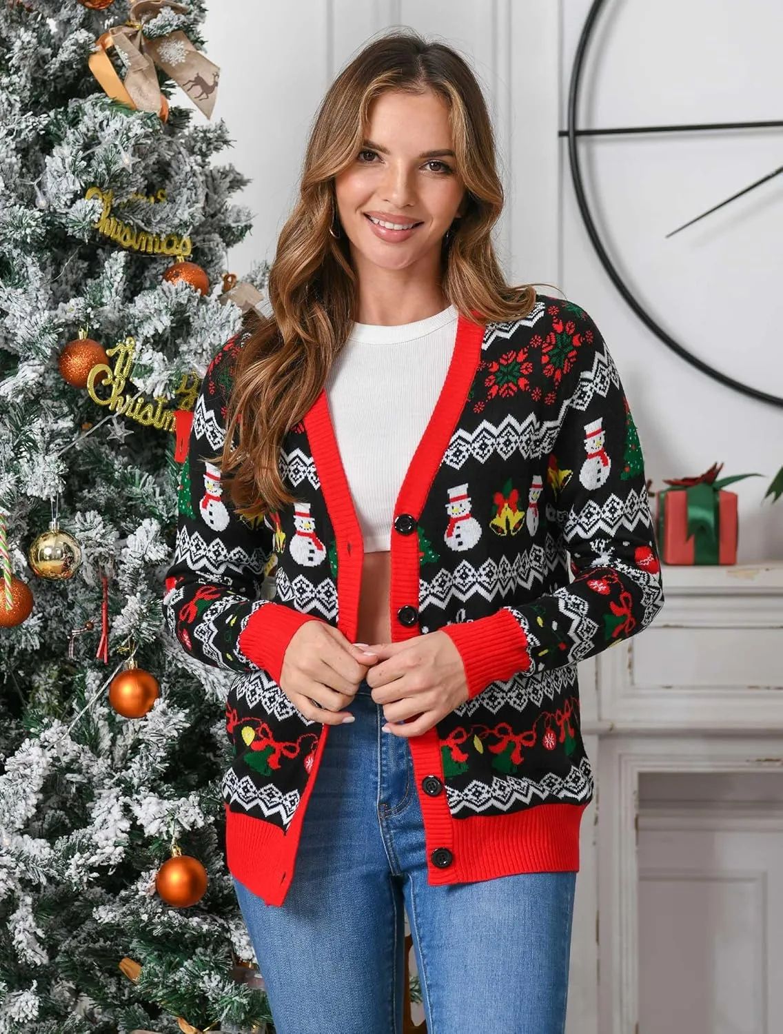 RAISEVERN Ugly Christmas Cardigan Sweater Women Oversized Knit Open Front Tops